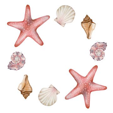 Seashell watercolor wreath with starfish and marine shells for beach invitations, greeting cards, branding, packaging, stationery, banners and elegant coastal design projects.