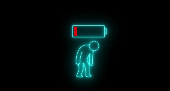 Severe fatigue and depression symbolized by a slouching neon human and an almost completely empty battery