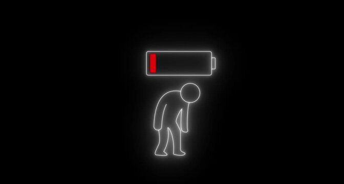 Severe fatigue and depression symbolized by a slouching neon human and an almost completely empty battery