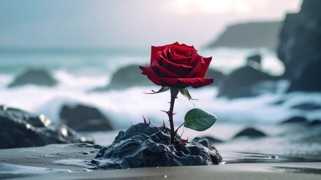 A solitary red rose blooms from a dark rock, overlooking the ocean