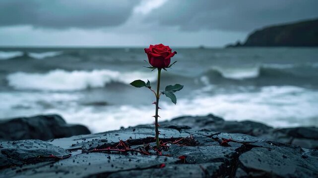 A vibrant red rose stands out on a rocky shore, sea in background