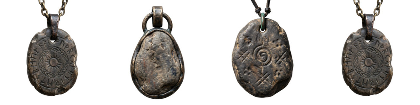 set of the four premium ancient stone amulet on withe background PNG photo high quality''
