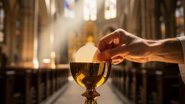 A solemn moment in a sunlit church with a hand placing a communion wafer during a religious ceremony