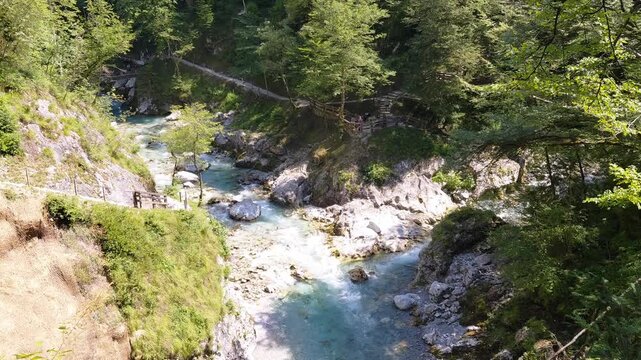 A beautiful wide tilt-up shot of the turquoise alpine rivers flowing through the rocky Tolmin Gorge in Slovenia, surrounded by lush green forests, hiking trails, and towering limestone canyon walls.