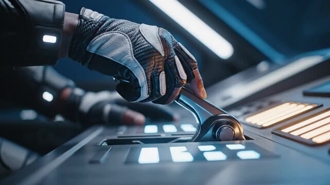 Man hand wearing glove operating mechanical lever on futuristic control panel. Spaceship cockpit console and advanced technology interface for system navigation