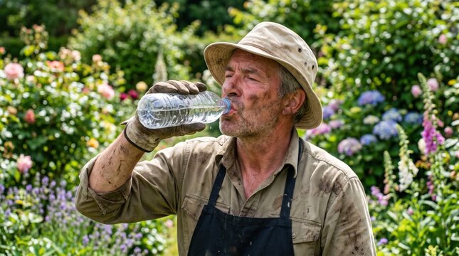 Sweaty senior gardener drinking water from a bottle in a hot garden. Exhausted male worker suffering from extreme summer heat