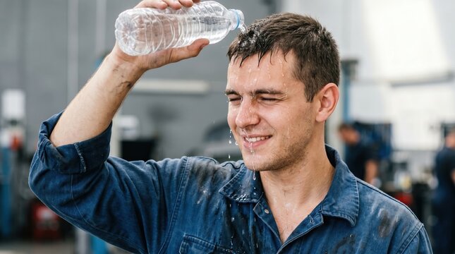 Sweaty mechanic pouring water over his head from a plastic bottle. Exhausted male worker cooling down from extreme heat in a garage