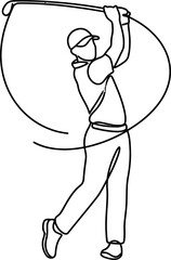Fototapeta premium Continuous single line drawing of a male golfer swinging a golf club.