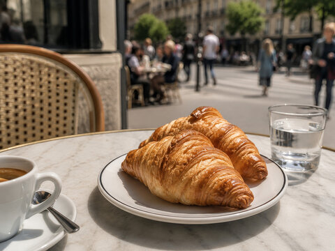  Croissant franc&eacute;s de mantequilla servido con una taza de caf&eacute; en la terraza de una cafeter&iacute;a.