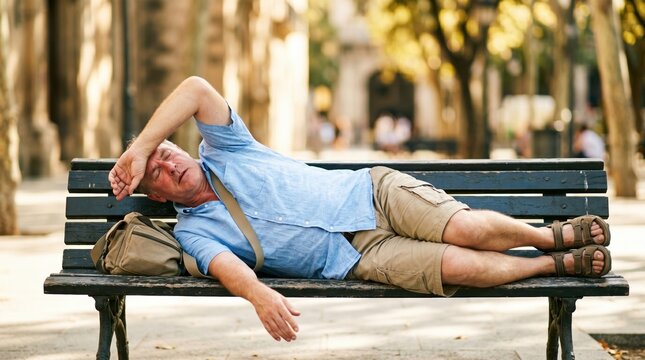 Exhausted senior man lying on a park bench suffering from extreme heat. Tired older male resting outdoors on a hot summer day. Heatstroke concept