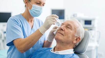 Fototapeta premium Nurse administering topical anesthetic eye drops to an elderly male patient. Doctor preparing senior man for eye surgery in clinic. Ophthalmic healthcare treatment