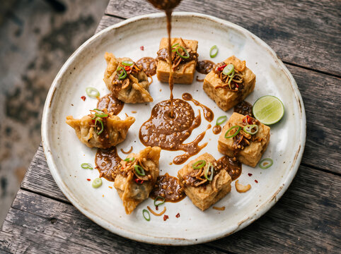 Batagor Indonesian Fried Tofu Fish Dumpling Overhead Composition with Peanut Sauce Drizzle Bandung Street Food