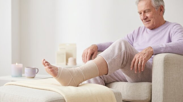 Senior man resting at home with compression bandage on his ankle. Elderly patient recovering from joint injury with orthopedic support