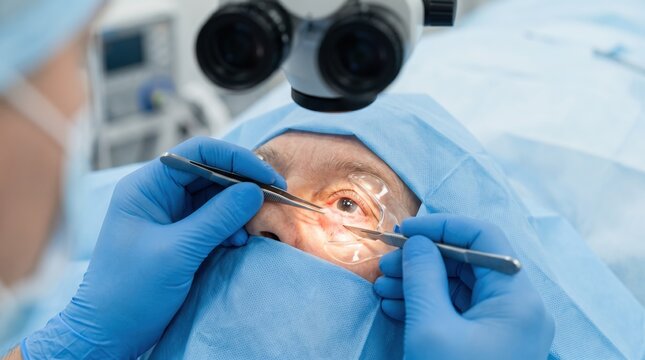 Surgeon performing pterygium excision surgery on elderly patient. Close up of ophthalmic eye operation with micro surgical tools