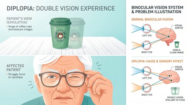 Diplopia double vision medical infographic. Educational diagram of binocular vision system and affected elderly patient with glasses. Ophthalmology and optometry concept