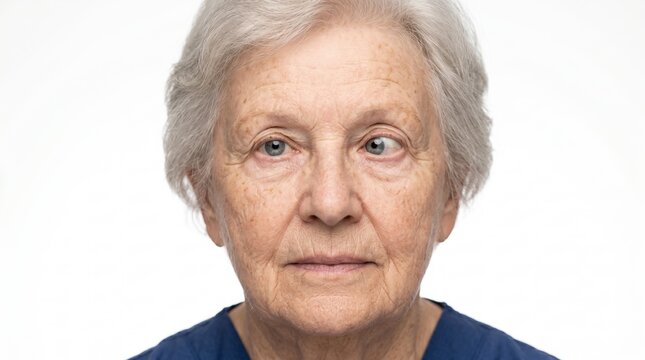 Portrait of elderly woman with strabismus eye misalignment. Senior female patient with crossed eyes condition