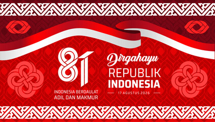 81st Indonesia Independence Day 2026 Red Patterned Banner. Flat vector horizontal web banner. Translation: Happy 81st Independence Day of the Republic of Indonesia in 2026. © Ocha Designs