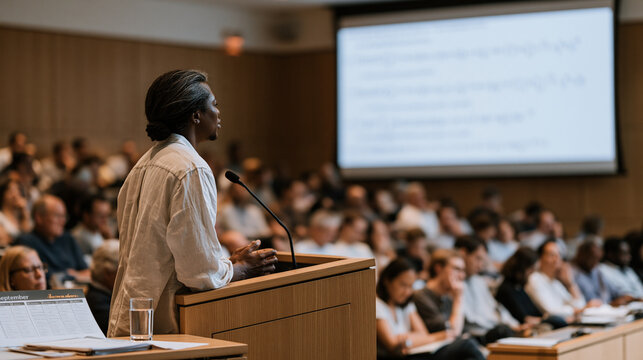Nigerian academic presents interplanetary internet latency research findings at autumn symposium, equation-filled slide projected behind podium, packed auditorium of peers taking