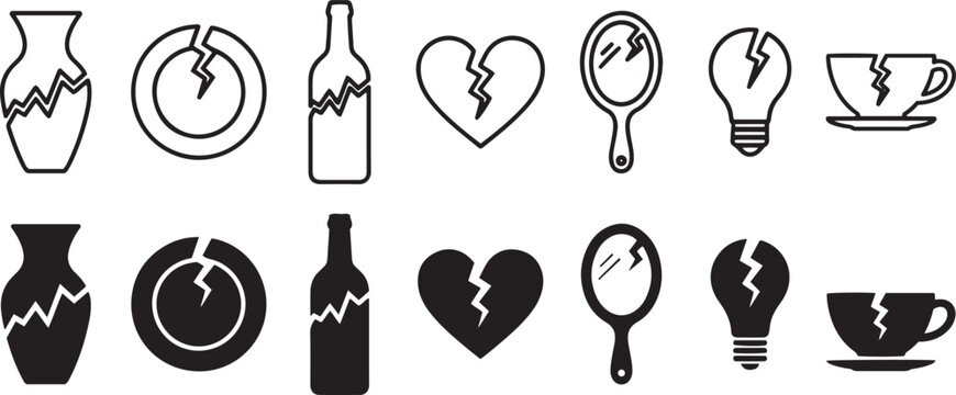 Broken household items and cracked objects vector icon set.