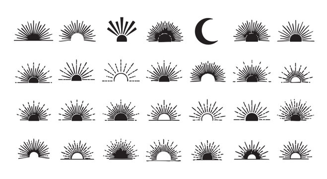 Set of black sunburst and moon on a white background, surface rays light
