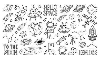 Cute Space Doodle Bundle Outline Vector Set © Ziten