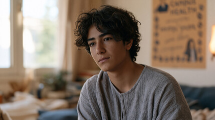 Obraz premium Iranian teenage boy in a school counselor's office, campus mental health poster visible on wall behind him, his posture reluctant but present, student help-seeking behavior