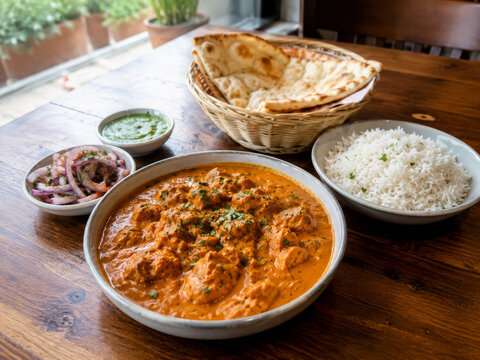  Chicken Tikka Masala acompa&ntilde;ado de arroz basmati y pan naan, servido como comida tradicional india.