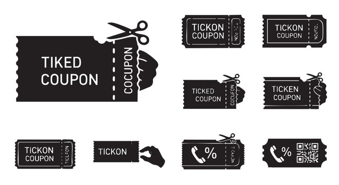 Set of ten black coupon and ticket featuring scissors and qr codes discount