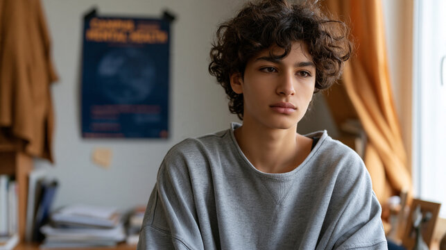 Iranian teenage boy in a school counselor's office, campus mental health poster visible on wall behind him, his posture reluctant but present, student help-seeking behavior