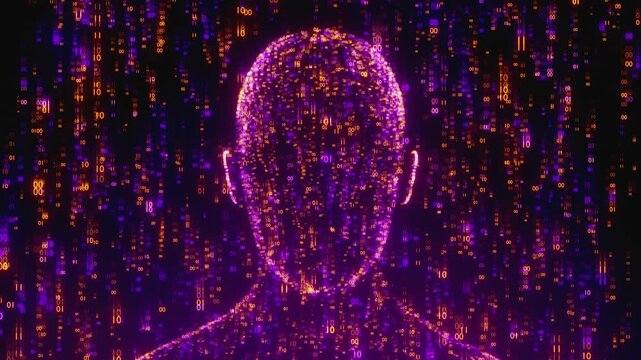 Futuristic seamless loop of a digital human head. Abstract matrix background with binary code numbers falling around a man head, creative concept for artificial intelligence and cyber security