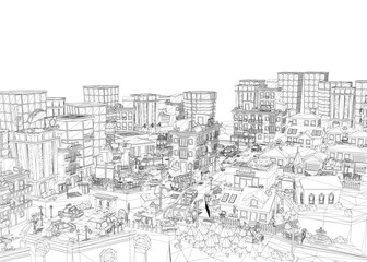 Fototapeta premium Black and white wireframe cityscape with low poly buildings, trees, and tiny people. Intricate linework creates depth against stark white background.