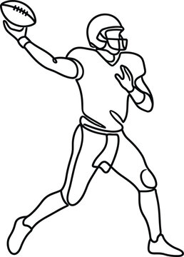 Continuous line art of a professional American football quarterback throwing a football.