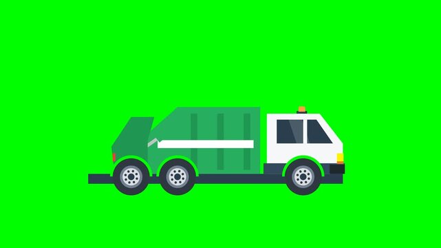 Green Garbage Truck Driving Loop Animation on Chroma Key Background: Waste Management and Recycling Concept