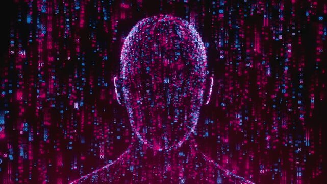 Futuristic seamless loop of a digital human head. Abstract matrix background with binary code numbers falling around a man head, creative concept for artificial intelligence and cyber security