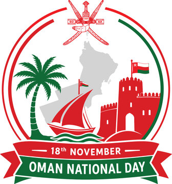 Oman National Day Badge with Map Flag Fort and Traditional Dhow Flat Vector Illustration