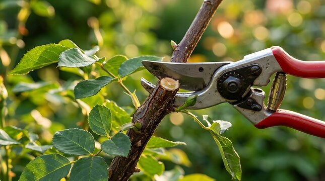 Close up of a gardener using sharp pruning shears to cut a woody branch of a rose bush in a garden, with green leaves in the blurred background