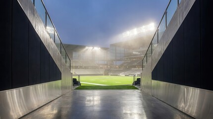 Fototapeta premium Stadium tunnel leading to a bright green sports field under a cloudy sky.