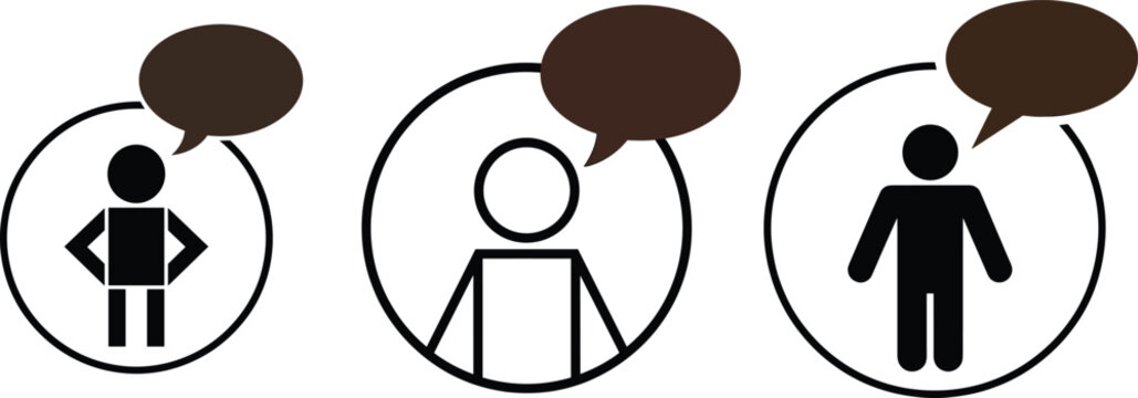 Stick figure icon set showing people speaking with dark speech bubbles inside circles isolated on a white background