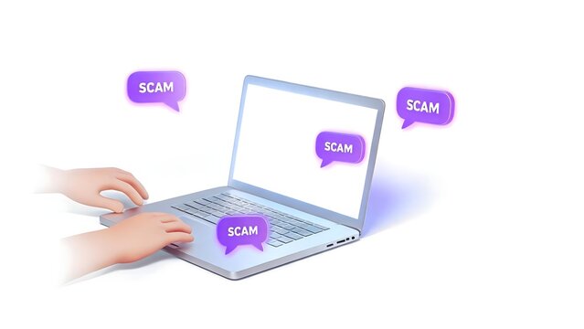 Hands typing on laptop with scam warnings