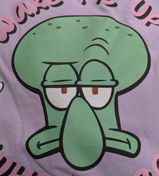 Vista de cerca del estampado de la cabeza de Squidward Tentacles de la serie de dibujos animados SpongeBob SquarePants, en una camiseta infantil. Madrid, Espa&ntilde;a, 10 de mayo de 2026