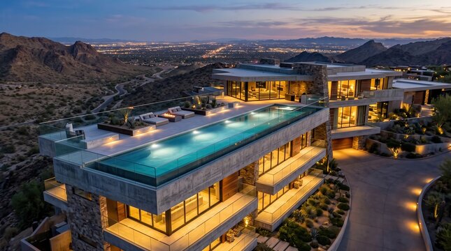 Elevated view of luxury desert mansion with rooftop infinity pool and mountain road