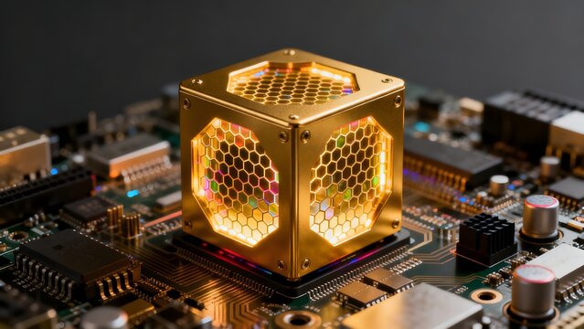 Golden cube on circuit board