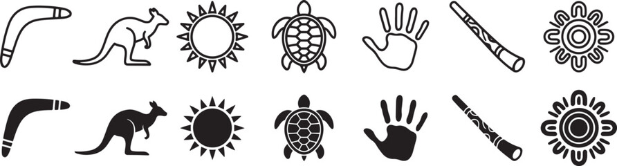 Indigenous australian symbols collection featuring kangaroo boomerang sun turtle handprint and traditional musical instruments. © Ripon Sojib