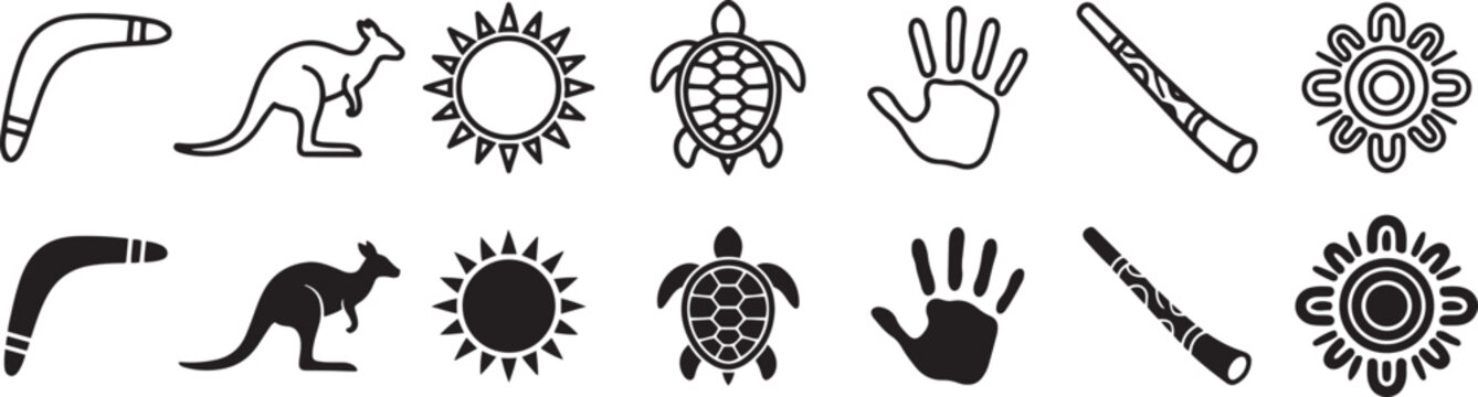 Indigenous australian symbols collection featuring kangaroo boomerang sun turtle handprint and traditional musical instruments.