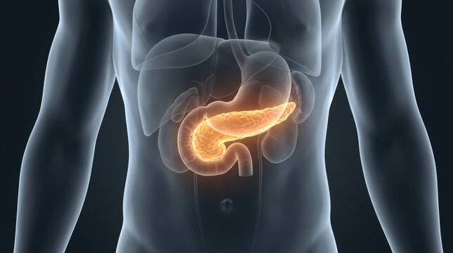 Human pancreas anatomy highlighted in a translucent body, medical illustration