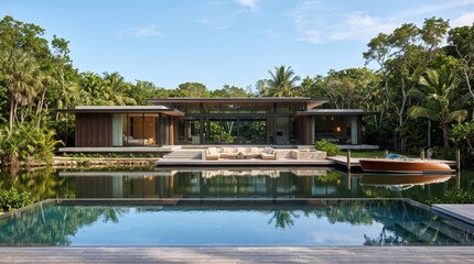 Fototapeta premium Modern tropical villa with waterfront terrace pool and boat