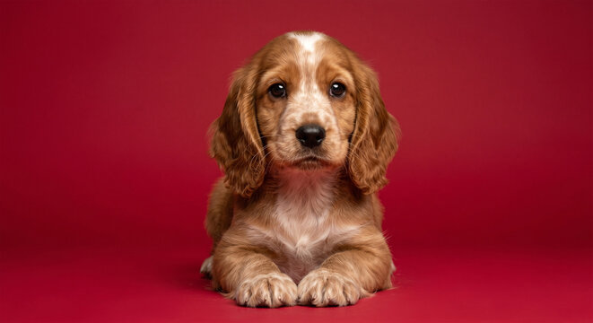 Cute English Cocker Spaniel puppy lying on a red background.