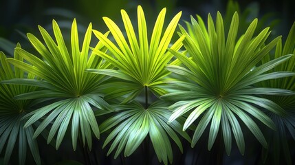 Fototapeta premium Lush green palm leaves with vibrant yellow highlights arranged in a dense cluster, creating a tropical foliage scene in soft natural light