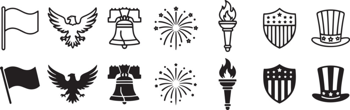 American patriotic icons set with flag eagle liberty bell fireworks torch shield and uncle sam hat.