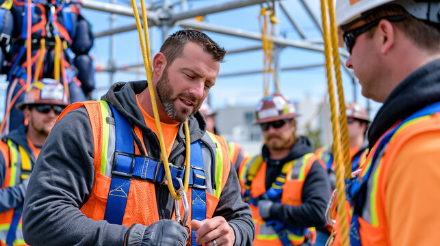 Fall protection trainer demonstrates proper dorsal D-ring positioning to group of new scaffold workers in outdoor training yard, rescue dummy rigged to overhead beam as attendees follow along adjust